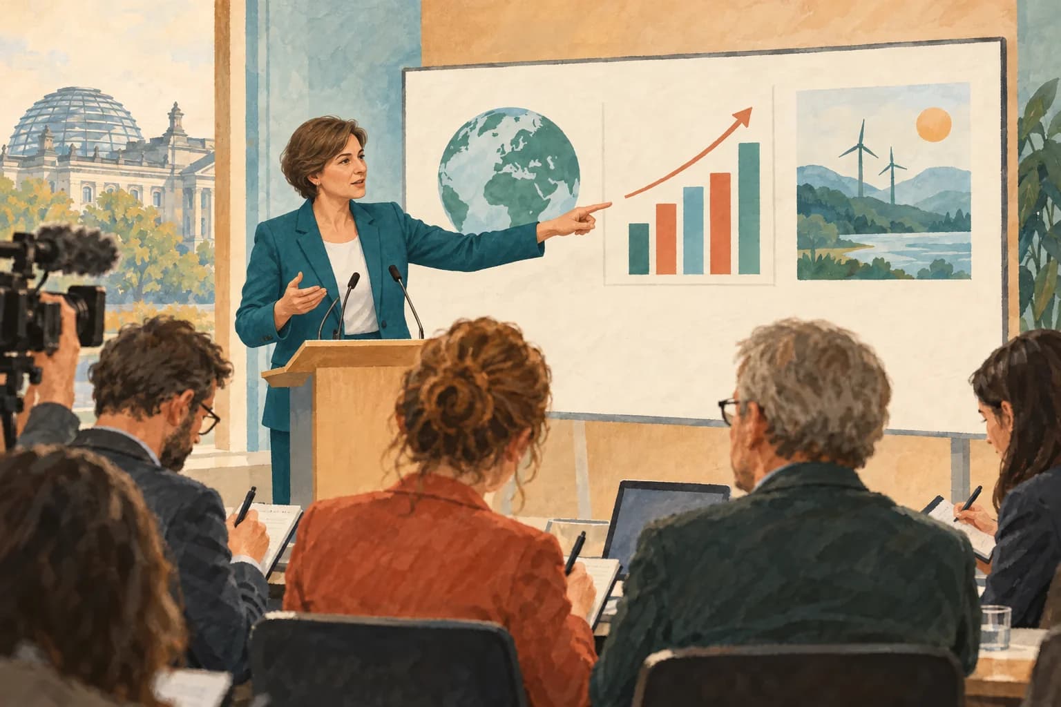 A speaker at a fictional climate-policy briefing points to simple unlabelled charts while reporters take notes.