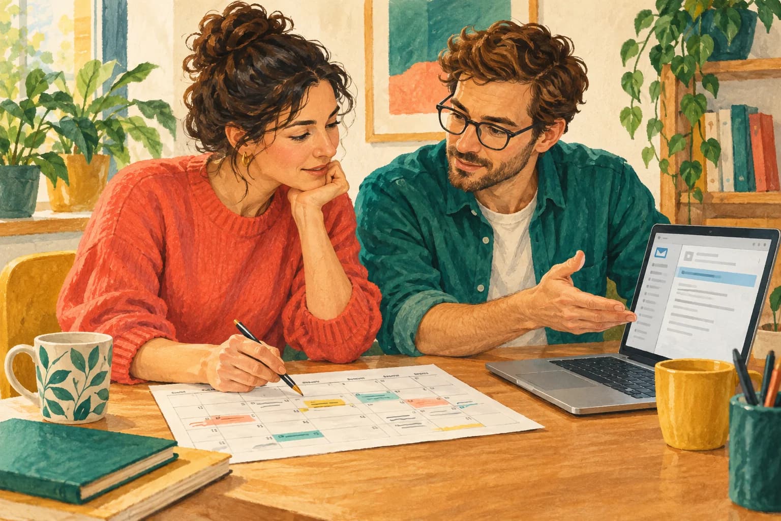 Two colleagues compare a paper calendar and an email on a laptop at a small desk.