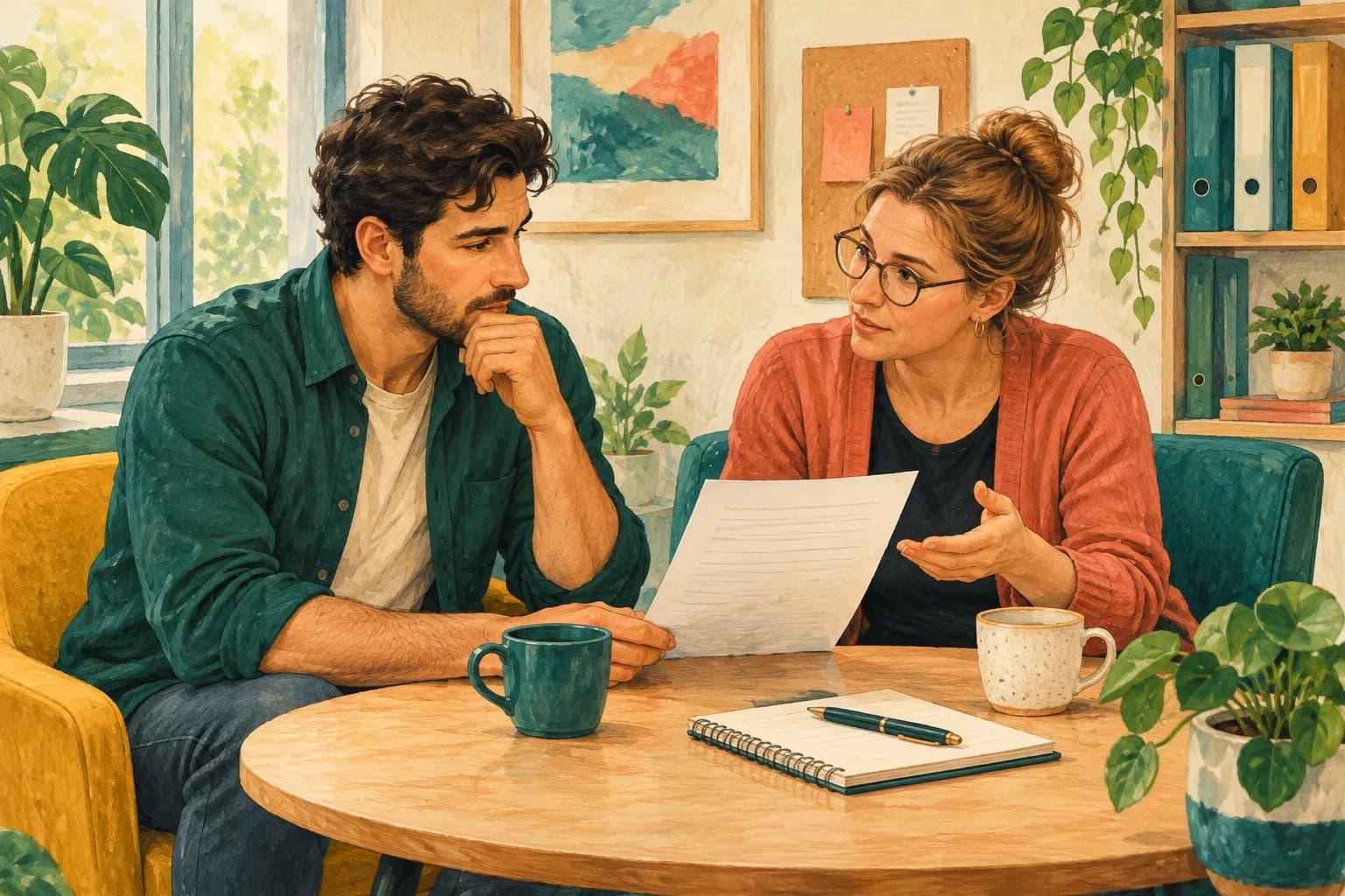 Gouache illustration of a fictional employee and a staff representative discussing a written complaint in a quiet office, with a notebook and two cups on a small table.