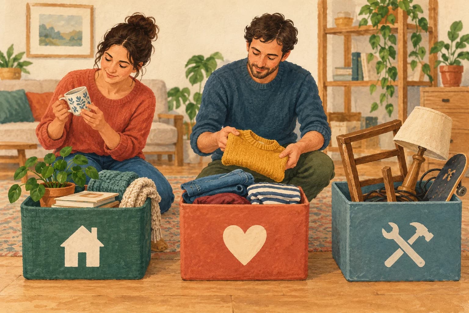 Two adults sort household belongings into keep, donate and repair groups without written labels.