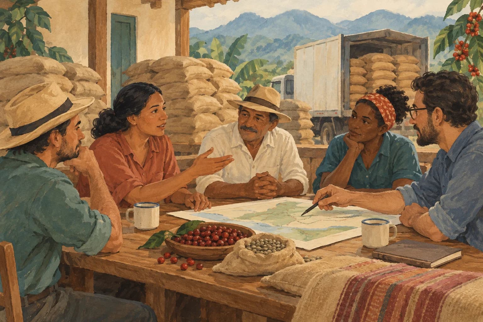 Members of a fictional producer cooperative discuss a shipment of coffee sacks around a table.