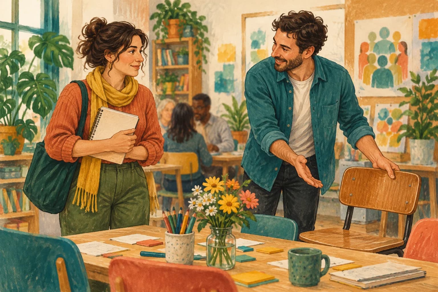 Two adults meet at a community workshop, one quietly holding a notebook while the other offers a chair.