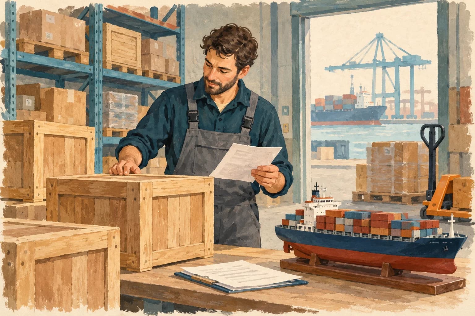 A logistics worker checks crates and shipping documents in a small warehouse beside a model cargo ship.