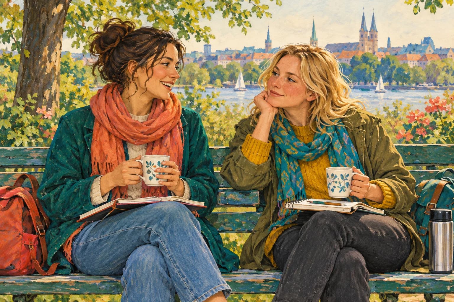 Two friends sit on a park bench with notebooks and cups of tea after a walk.