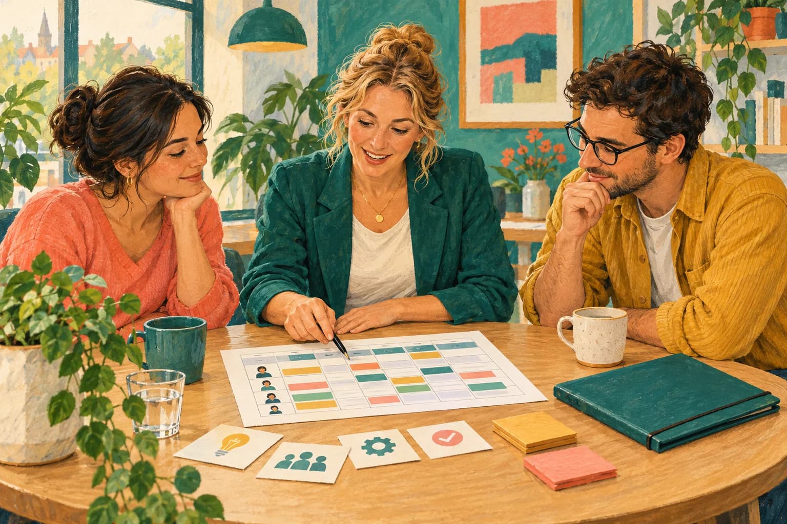Gouache illustration of a fictional team leader reviewing a duty roster with two colleagues, a closed folder and task cards on a round meeting table.