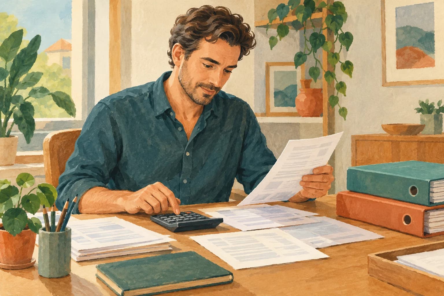 An adult reviews fictional account documents with a calculator and folders on a tidy desk.