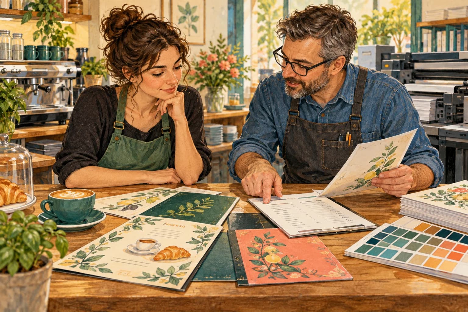 A café owner and a local printer compare sample menus and a price sheet across a counter.