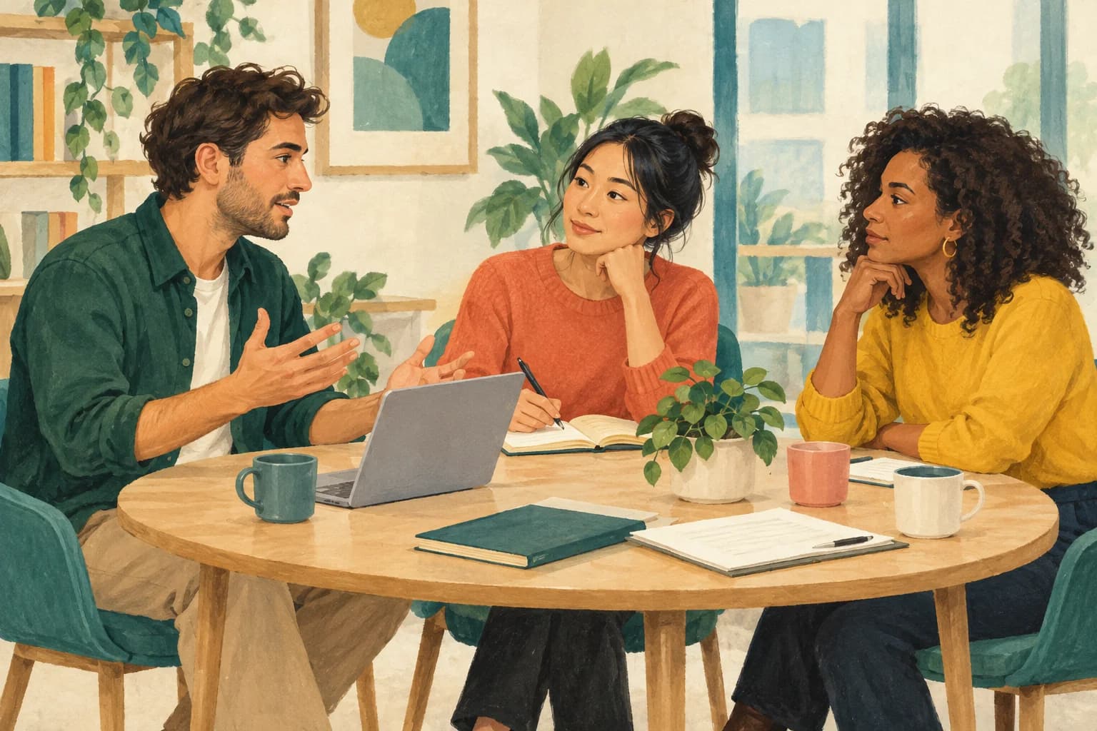 Three adult colleagues discuss ideas around a table, listening thoughtfully and taking notes in a calm office.