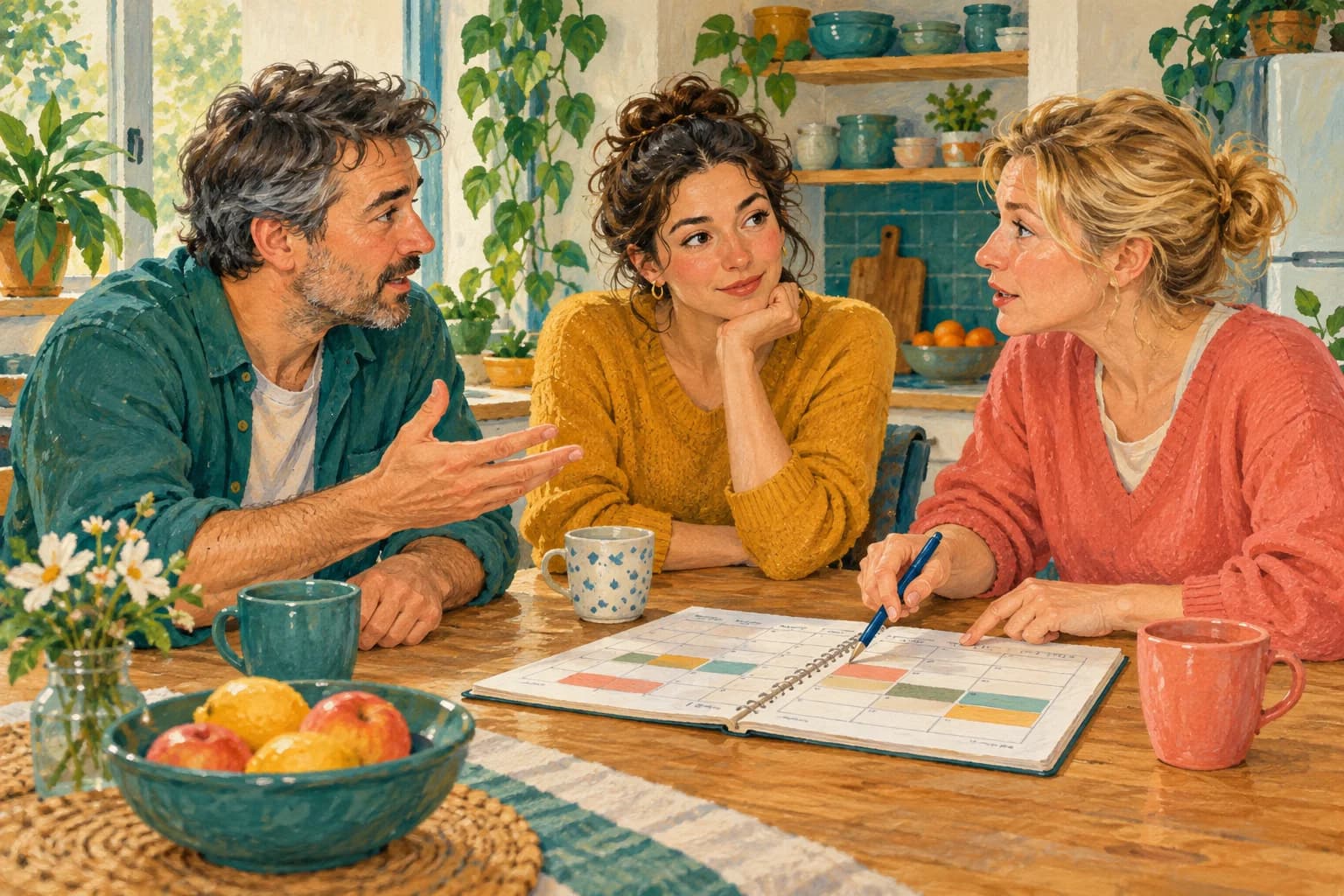 Two neighbours discuss a schedule at a kitchen table with a third person listening between them.