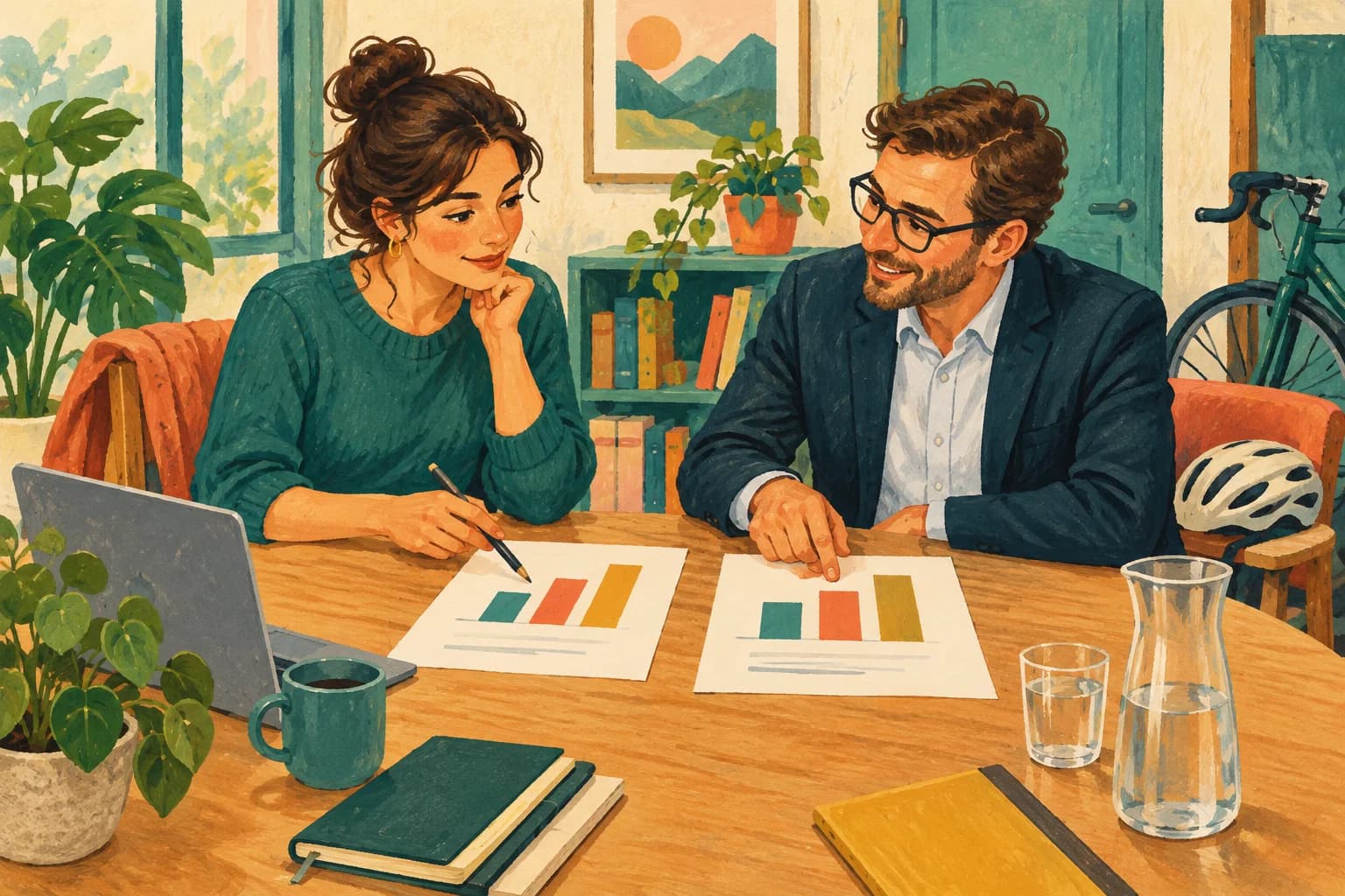 Gouache illustration of a fictional employee and manager comparing two compensation offers at a meeting table, with simple bar shapes on paper and a bicycle helmet beside a chair.