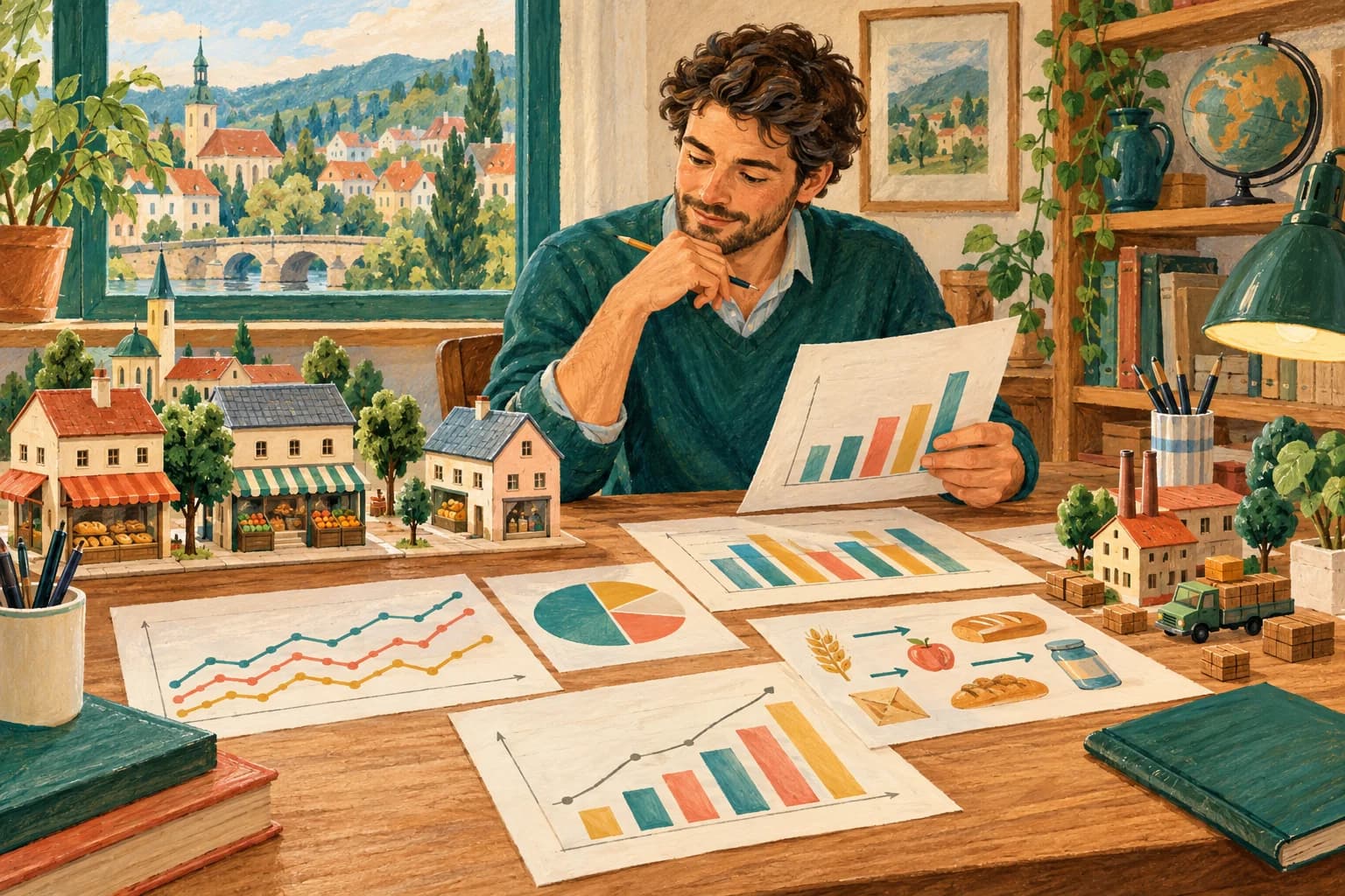 Gouache illustration of a fictional analyst reviewing handmade charts of prices and production in an imagined town, with small model shops and paper graphs on a desk.