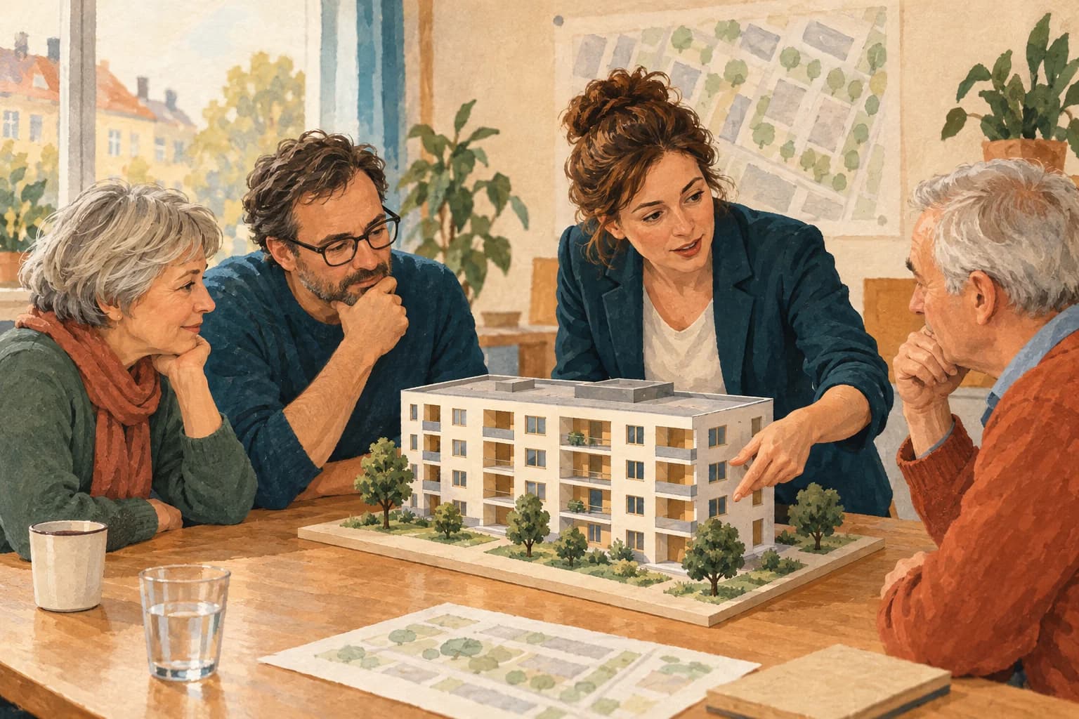 Residents and a planner discuss empty flats using a small model apartment building.