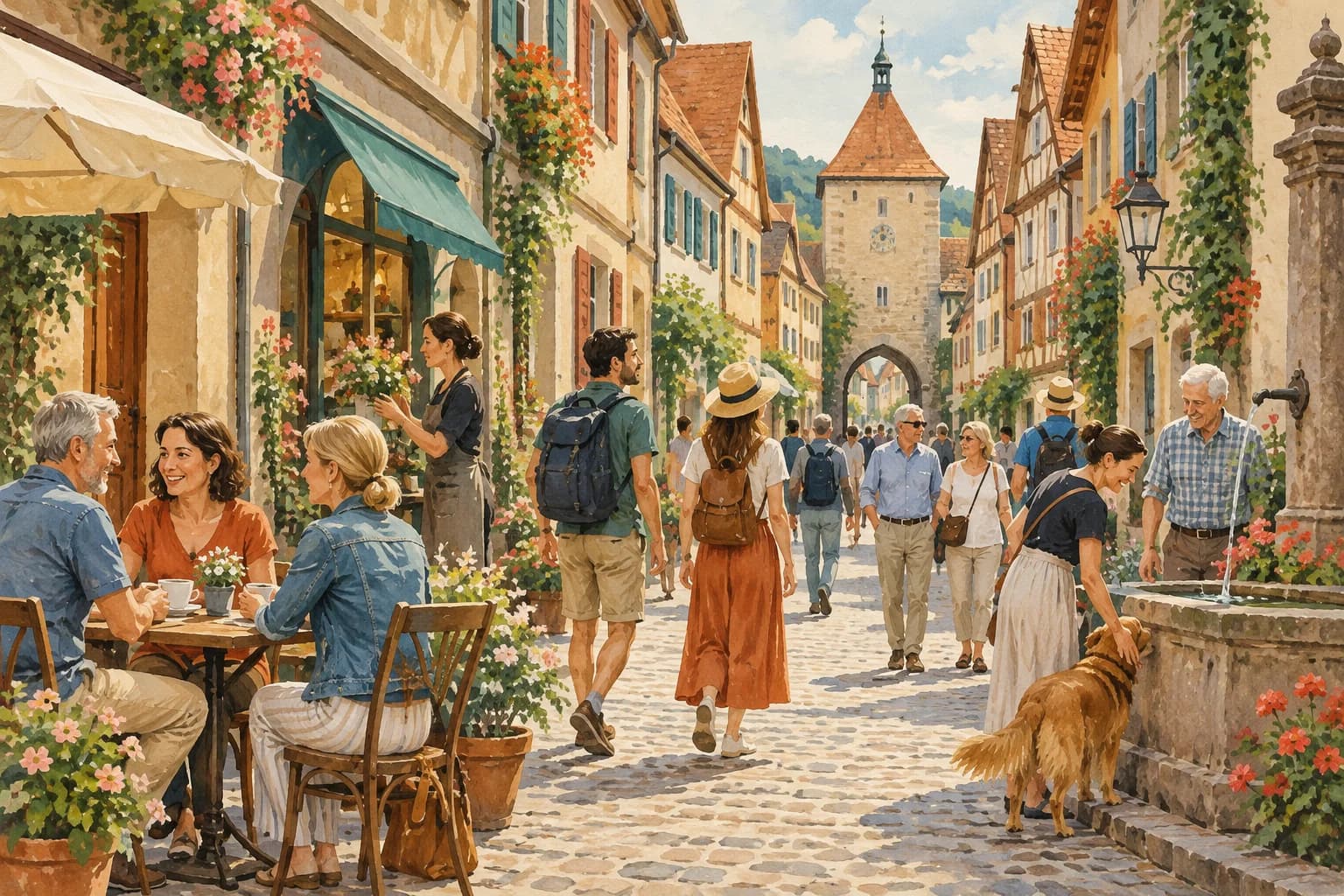Residents and visitors share a busy narrow street in a small historic town.