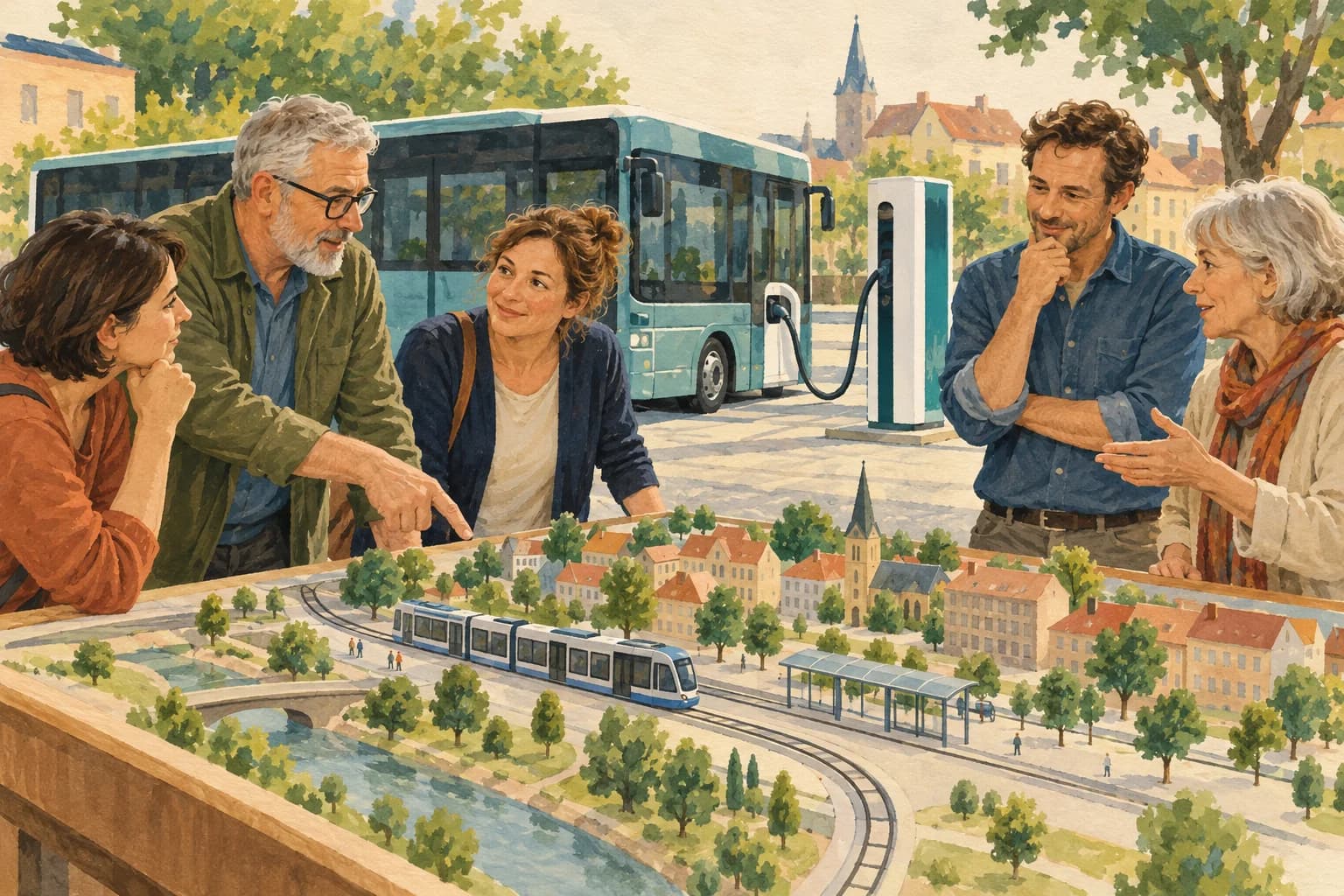 Residents discuss an electric bus and a charging station beside a model tram route.