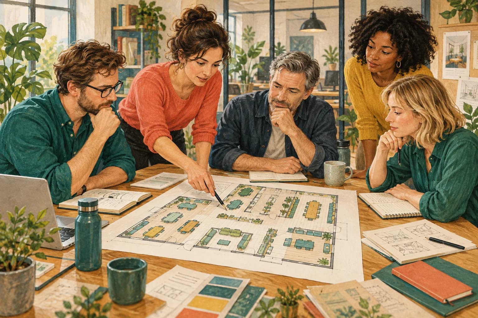 Employees examine a proposed workplace layout at a meeting table, with an office floor plan and notebooks.