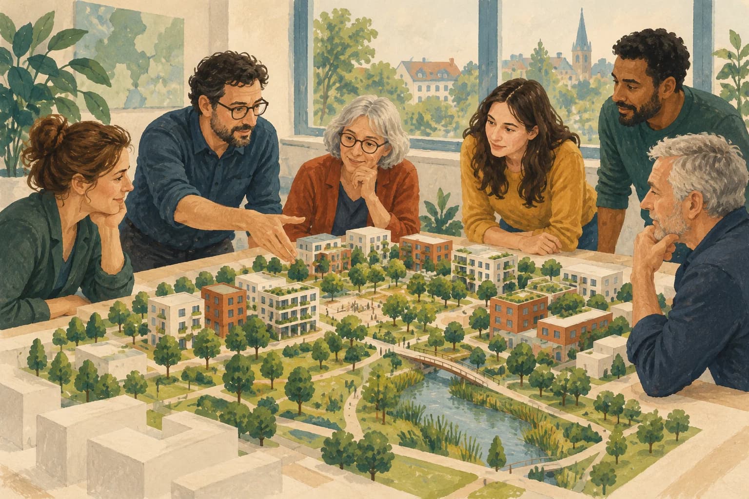Urban planners and residents examine a model district with paths, buildings and green spaces.