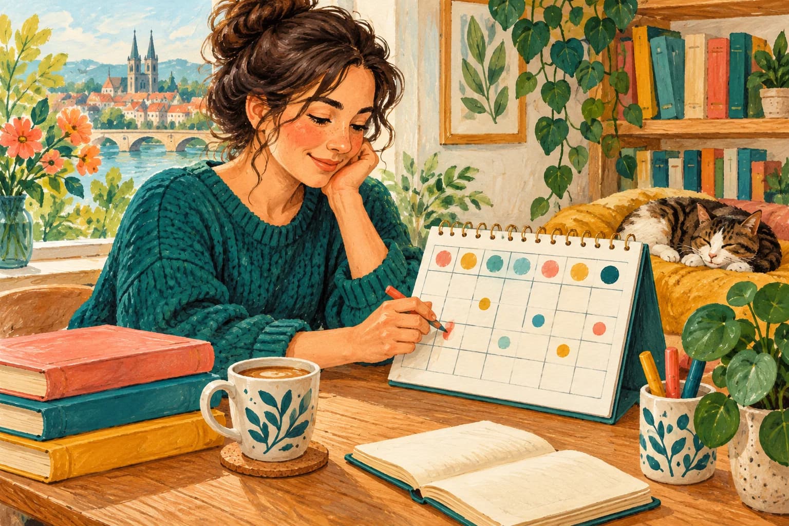 An adult marks a simple weekly calendar beside books and a coffee cup.