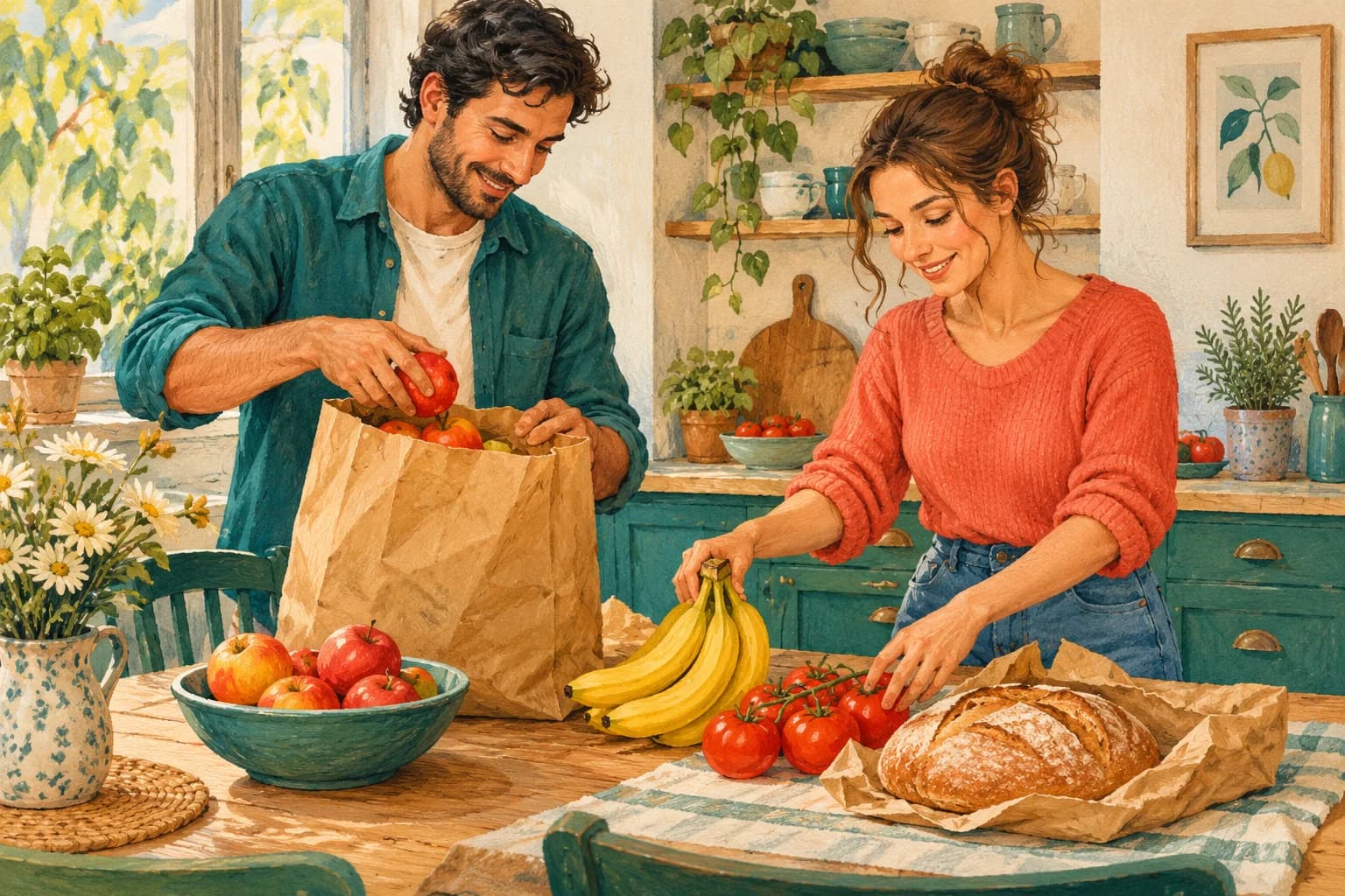 Two adults unpack apples, bananas, tomatoes and bread on a kitchen table.