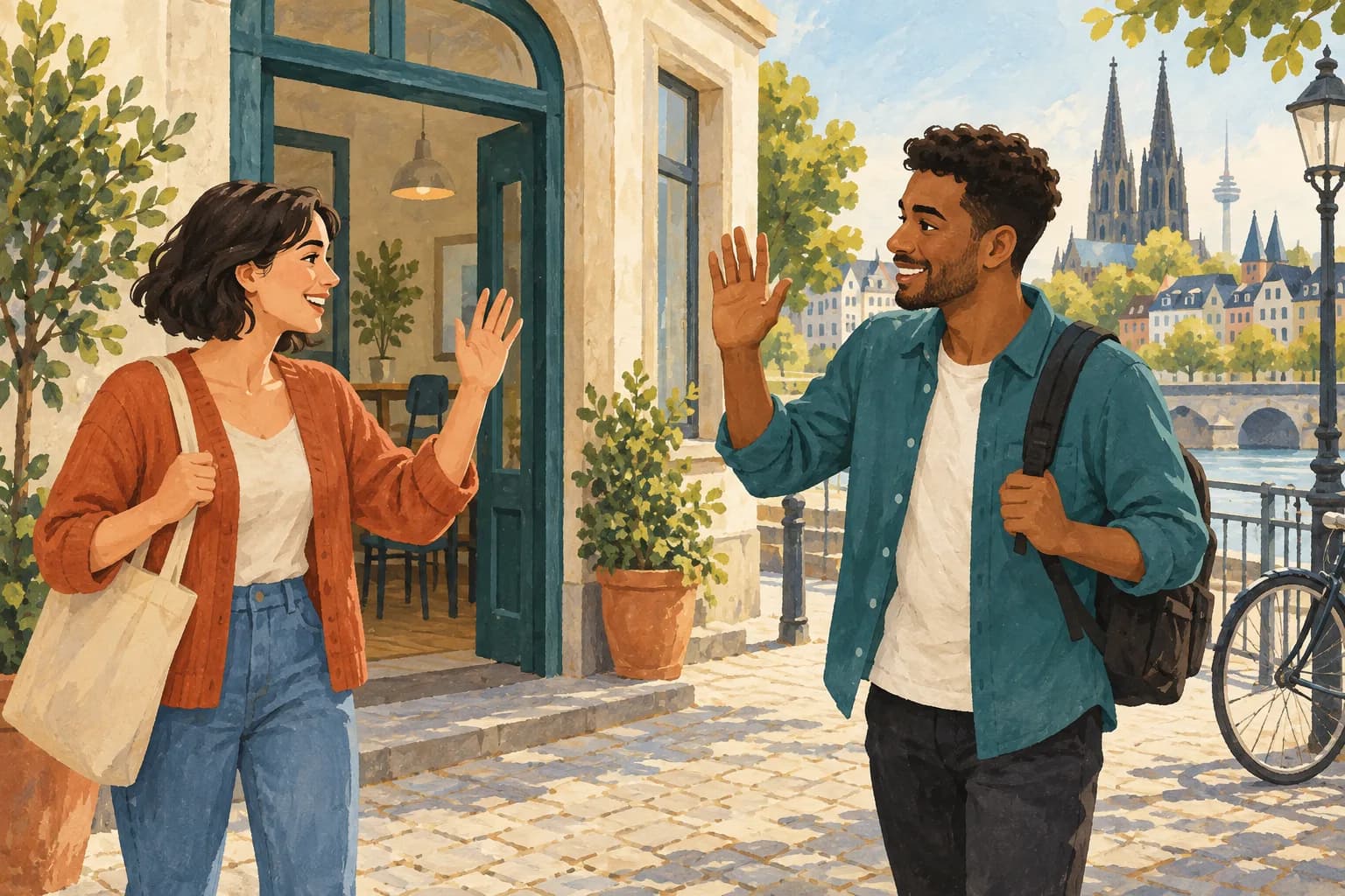 Two classmates wave hello outside a language school.