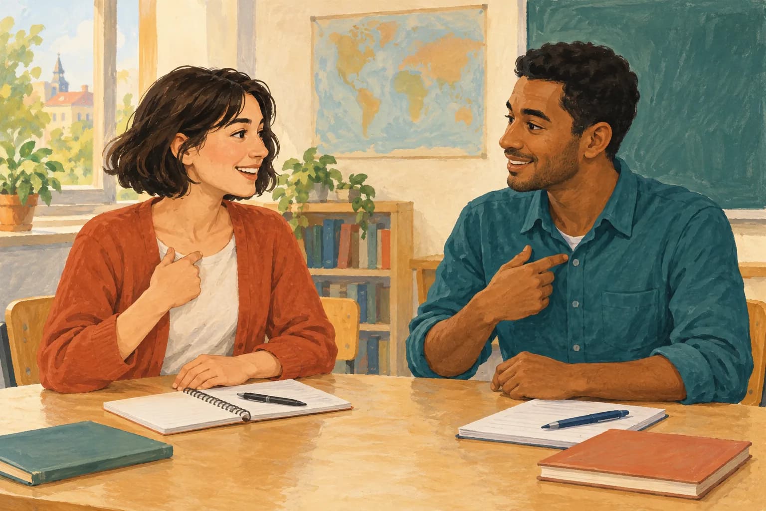 Anna and Samir introduce themselves at a classroom table.