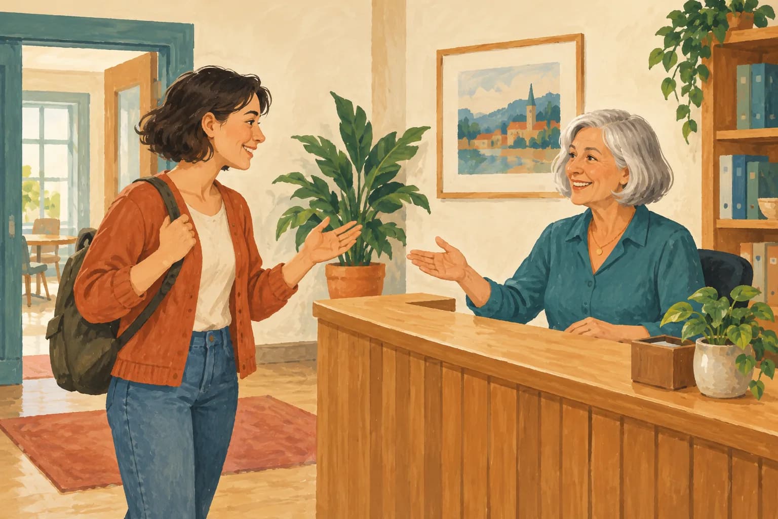 Anna speaks politely with Frau Weber at the language school's reception desk.
