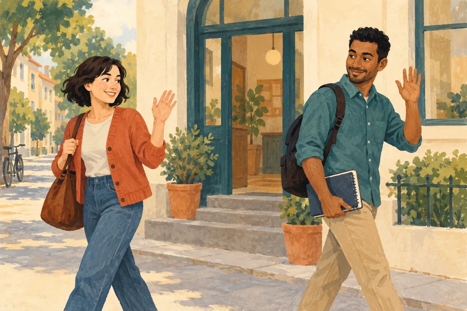 Anna and Samir wave goodbye after their class.