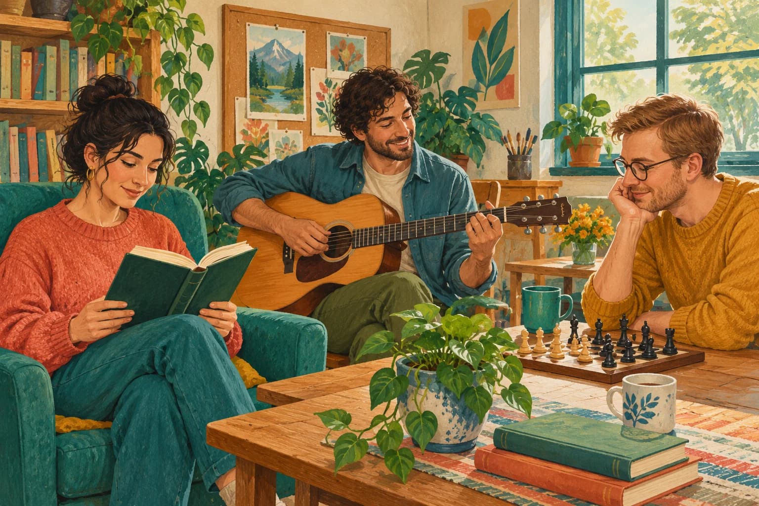Three adults share hobbies in a community room with books, a guitar and a chessboard.