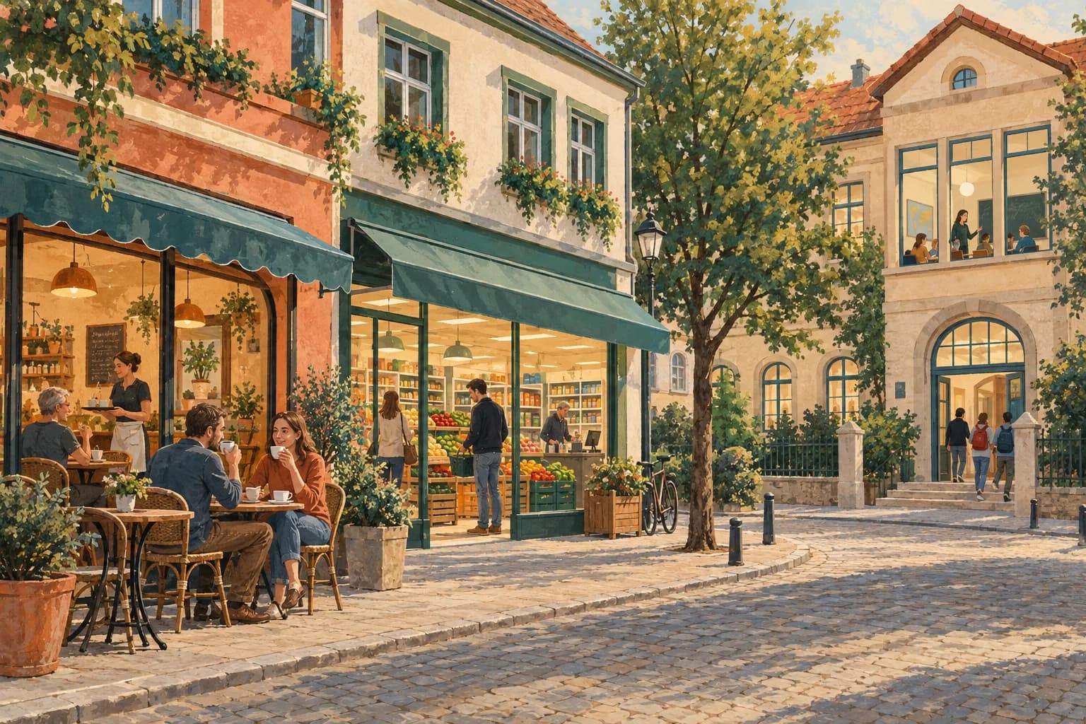 A town street shows a café, a supermarket and a school, with people visible inside.