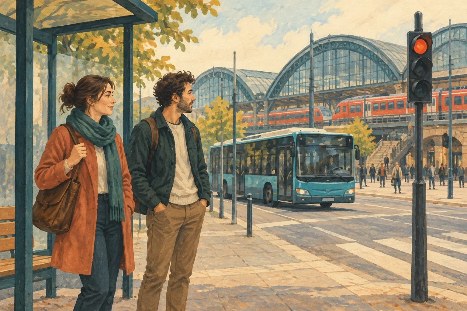 Two adults wait beside a bus stop near a railway station and a traffic light.