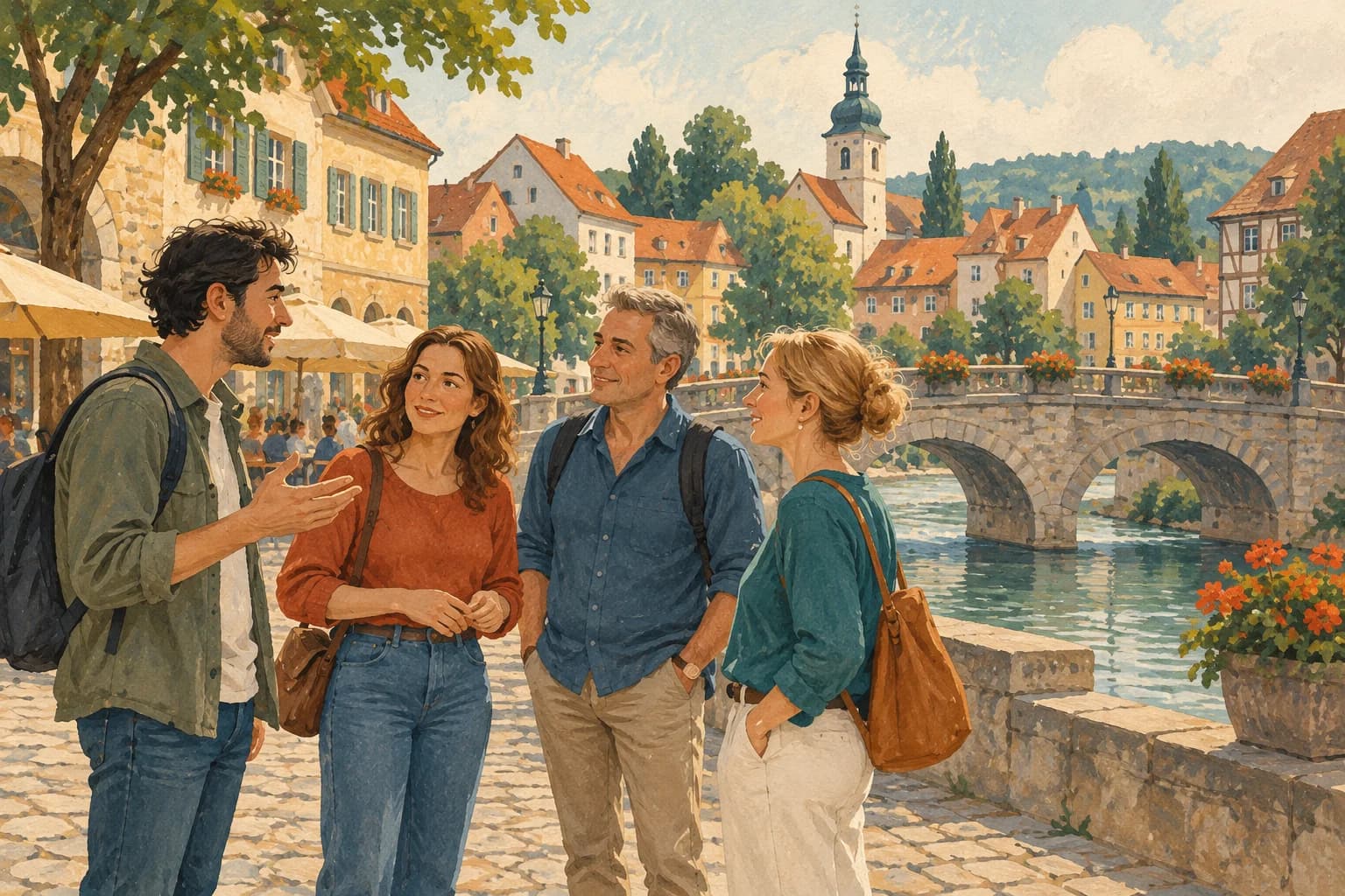 People stand on a town square beside a bridge crossing a small river.