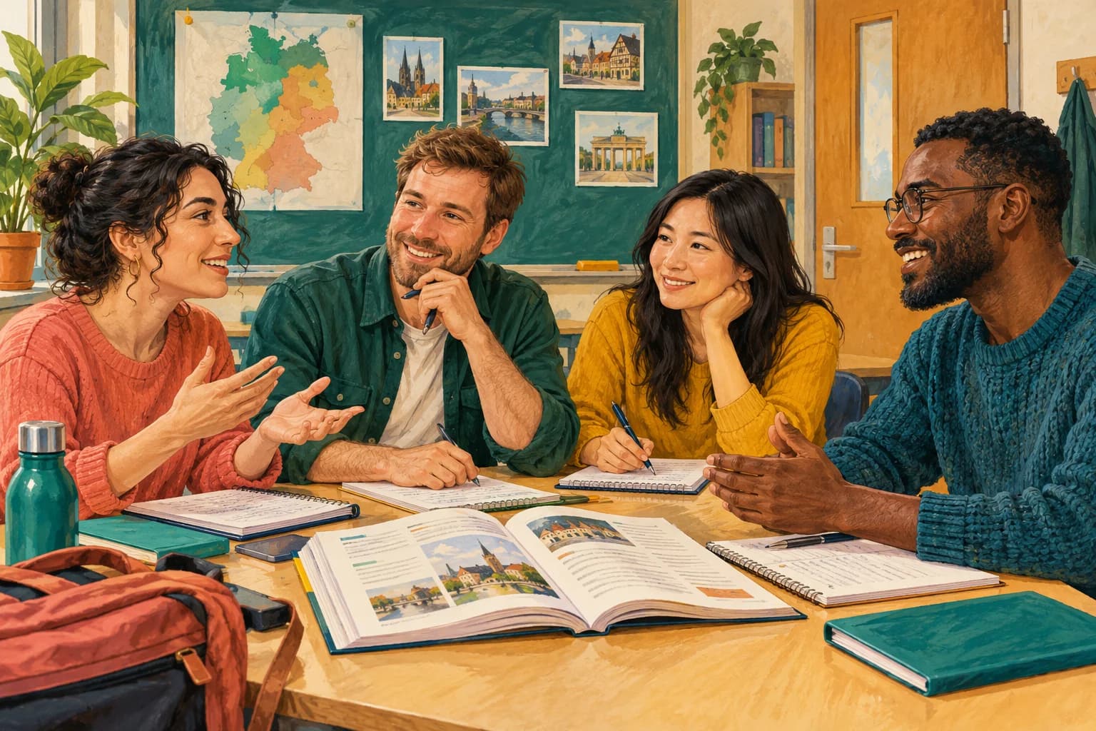 Adult students sit at a classroom table with a book, notebook, pen and bag clearly visible.