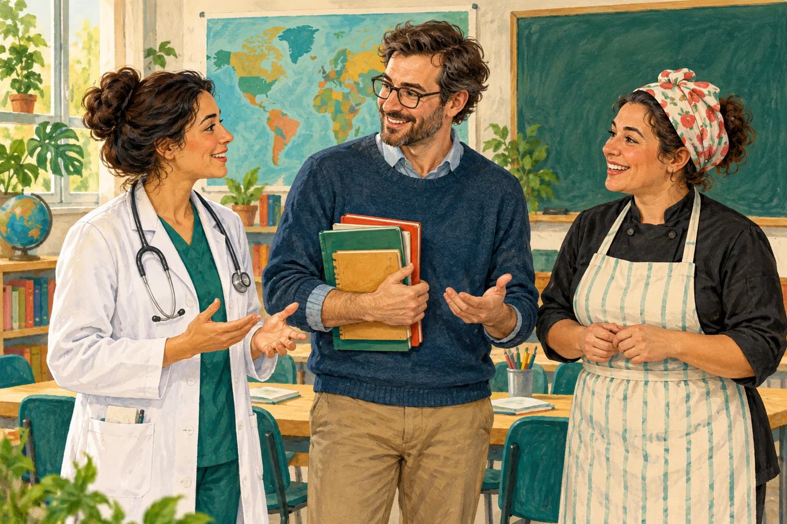 A doctor, a teacher and a cook chat at a community language class, with simple work objects nearby.