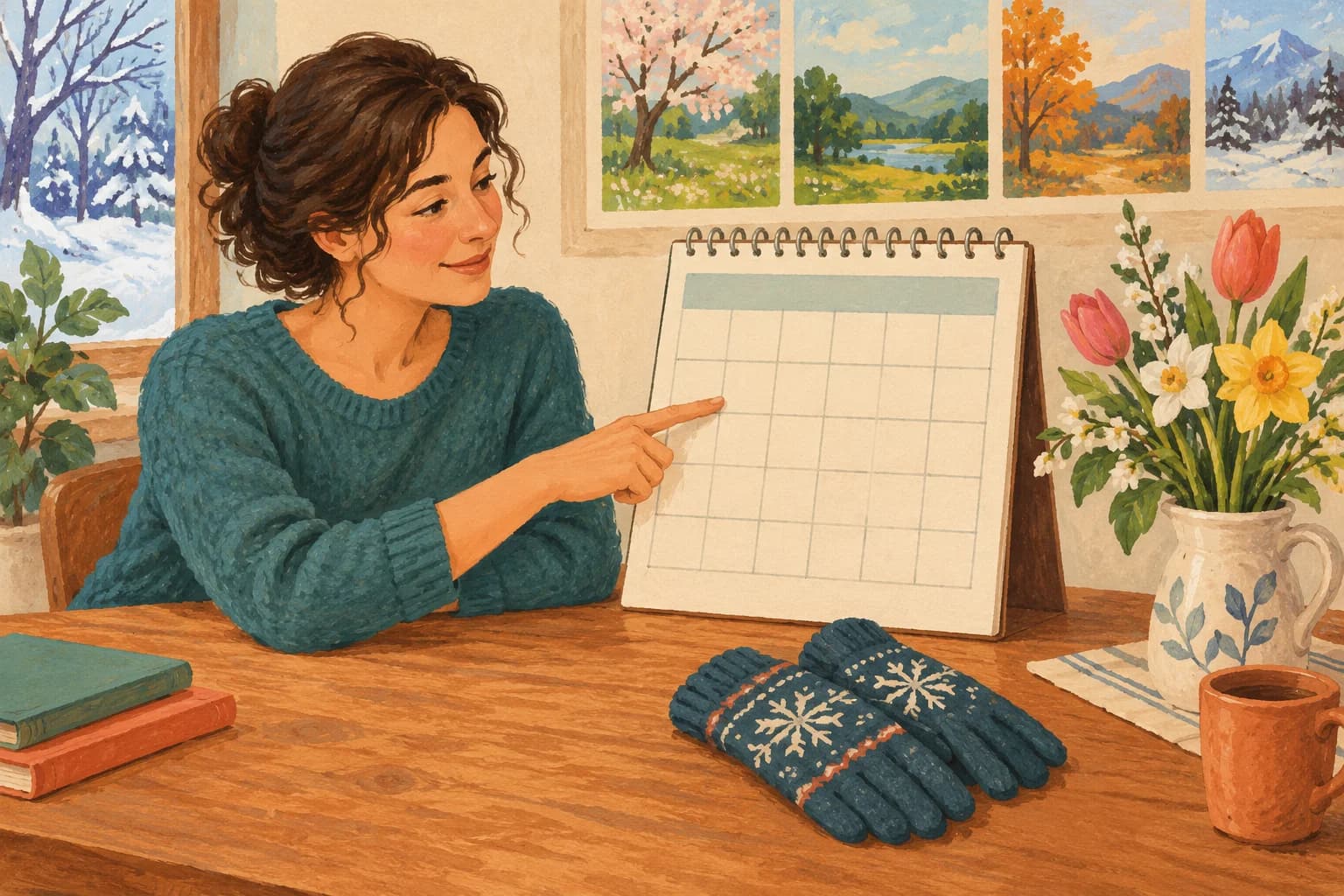 A learner points to a blank calendar beside winter gloves and a vase of spring flowers.