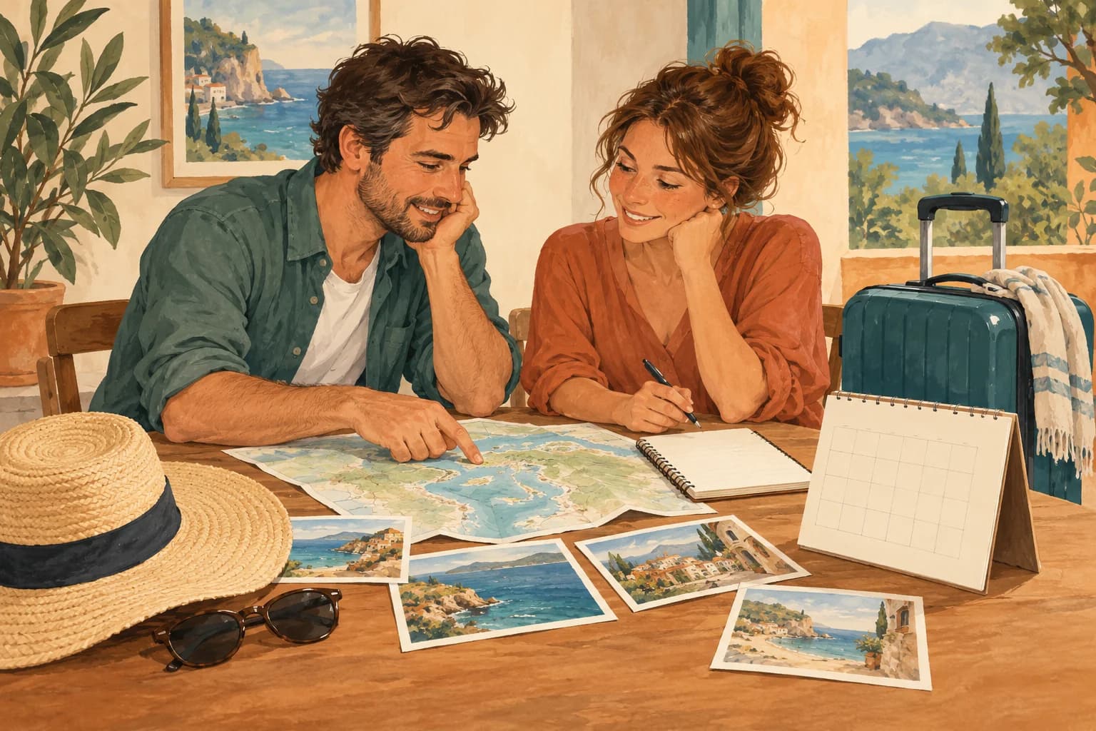 Two adults plan a summer trip at a table with a sunhat, a suitcase and an unlabelled calendar.