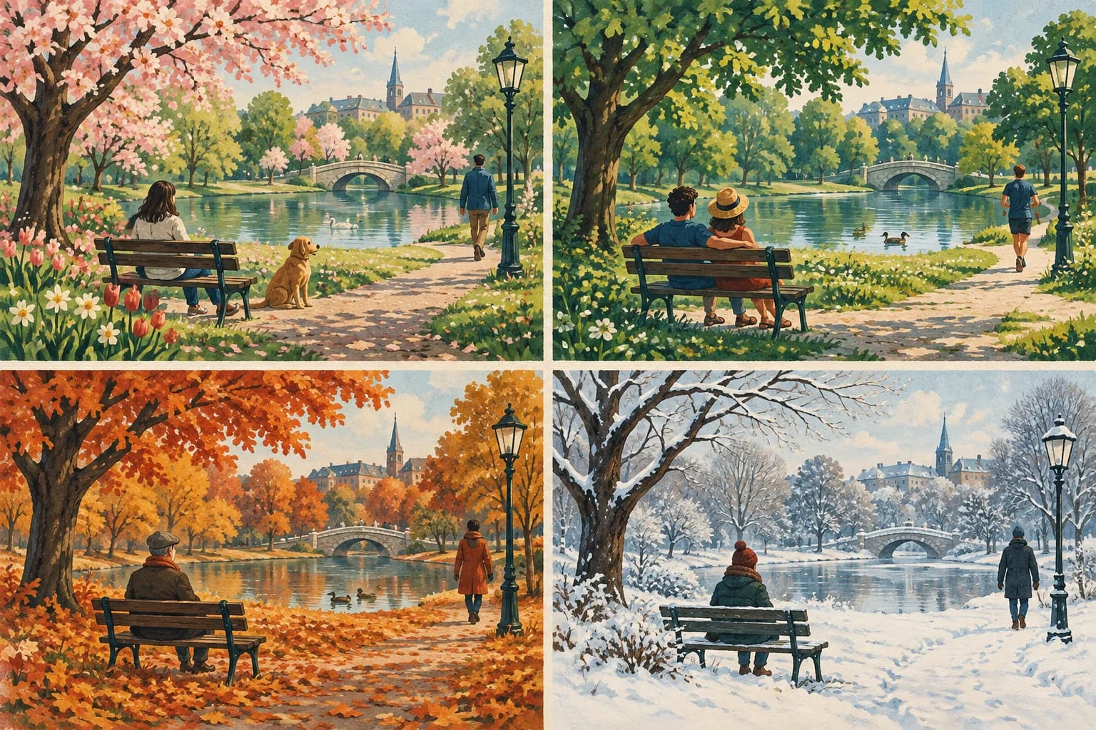 Four views of the same park show spring blossom, summer greenery, autumn leaves and winter snow.