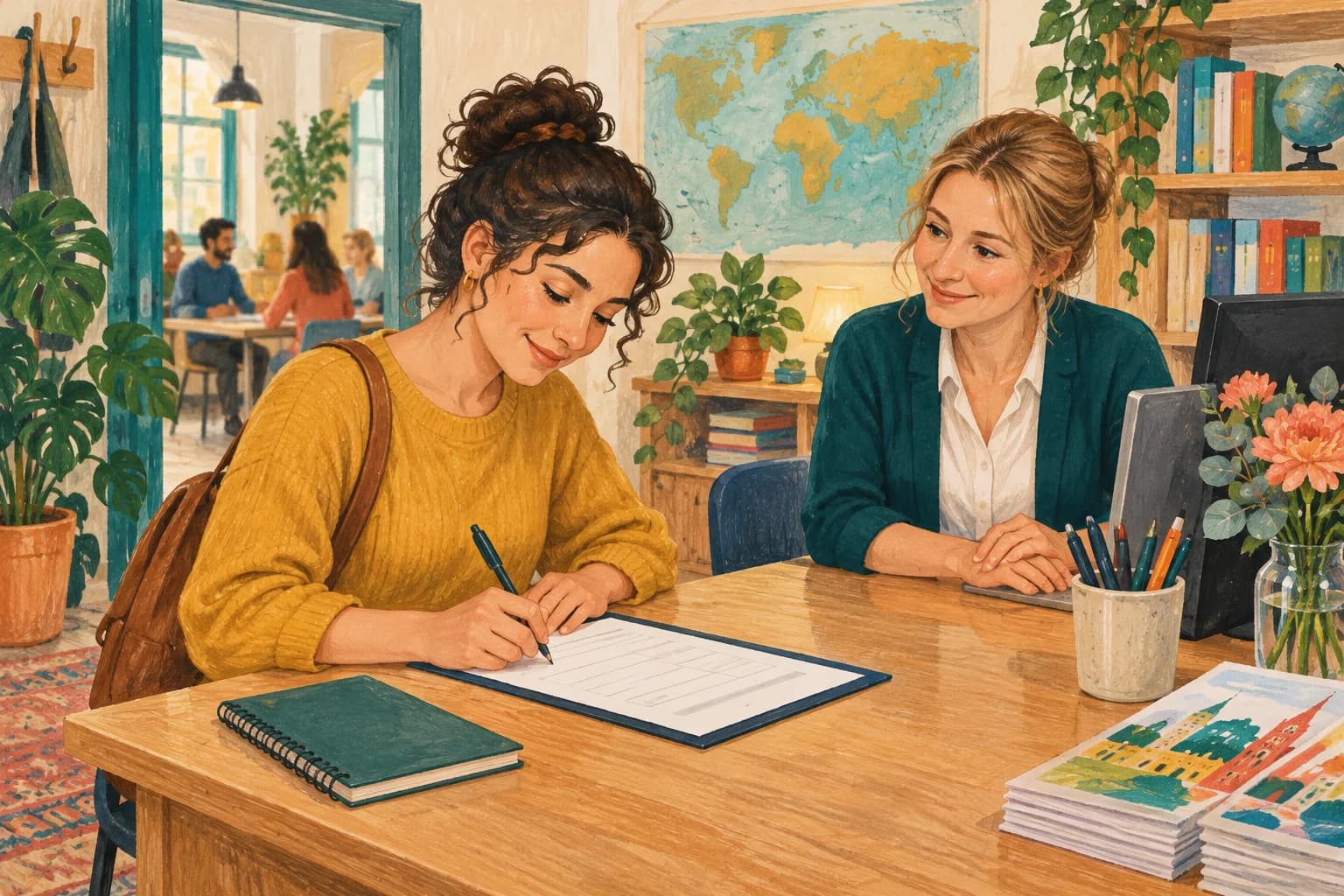 An adult learner fills out a blank registration form at a language school desk.