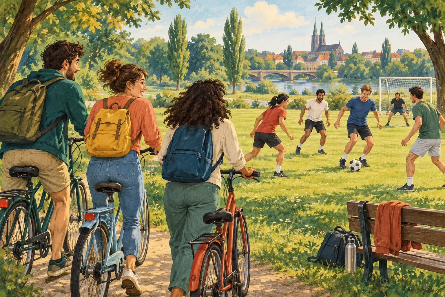 Friends arrive by bicycle at a park where others play football.