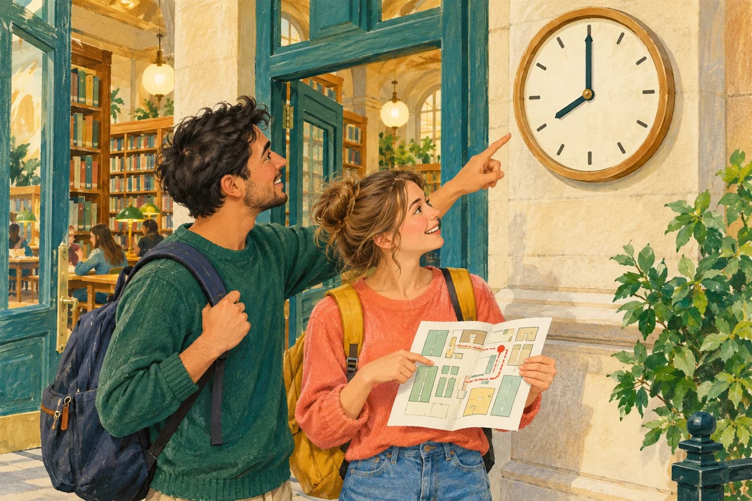 Two friends compare a wall clock with a handwritten plan at a library entrance.