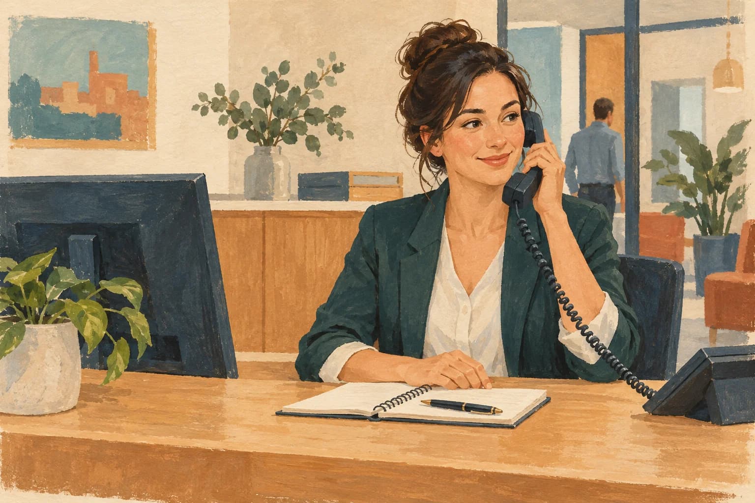 An office receptionist answers a desk phone beside a notebook.