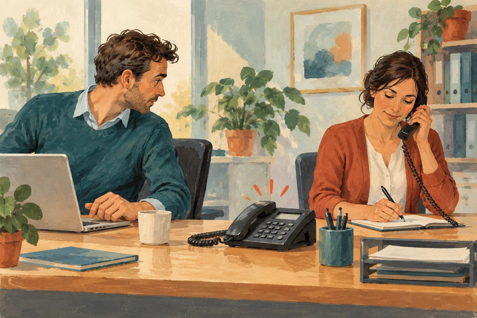 A colleague looks toward a ringing office phone while another worker takes a message.