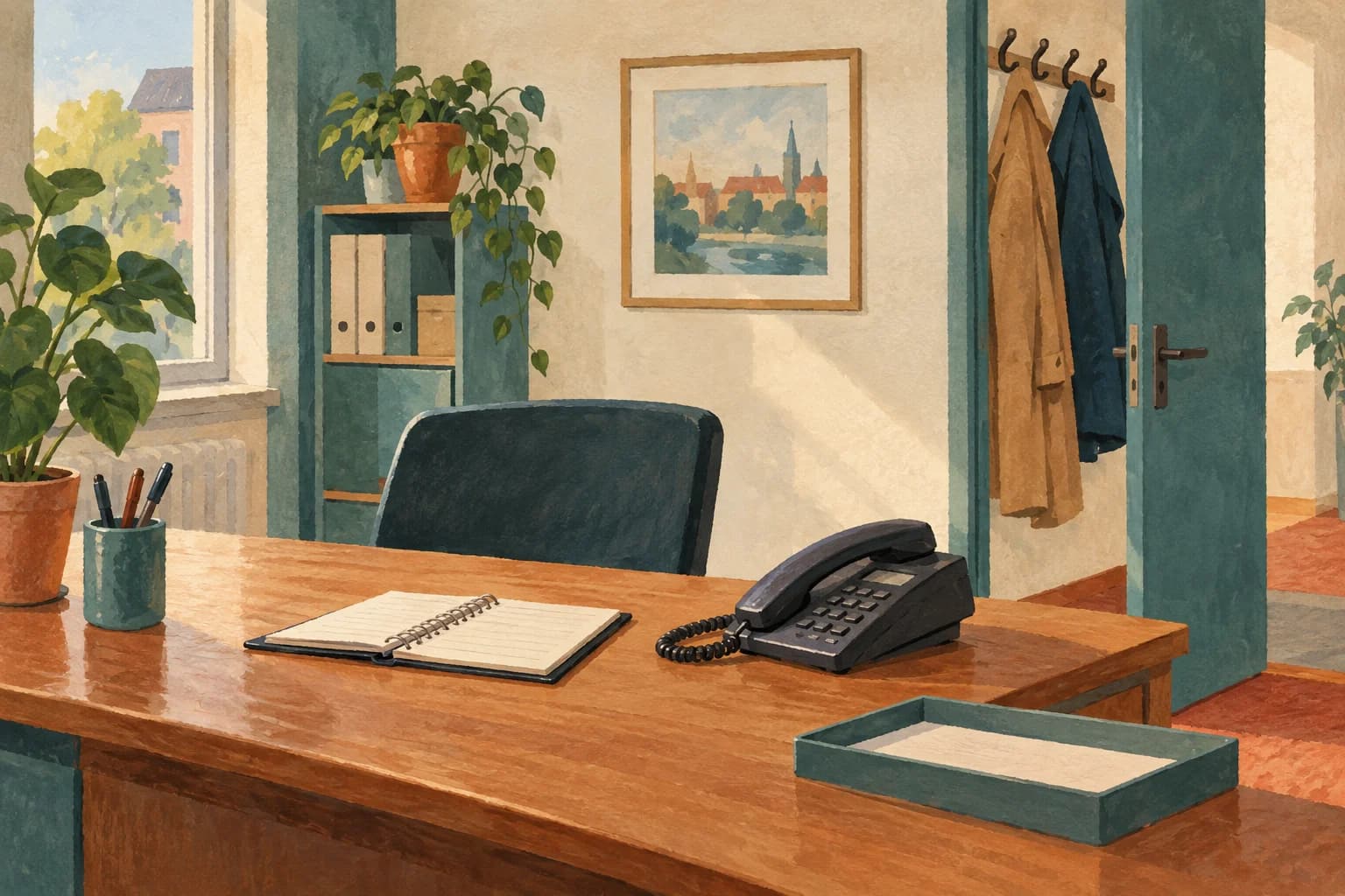An empty office desk has a phone and a message notebook, with coats hanging by the door.