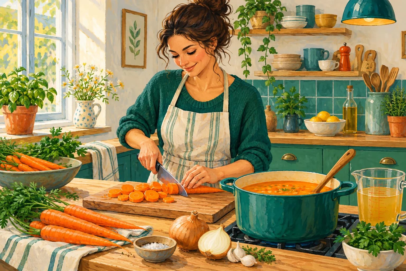 Gouache illustration of an adult preparing carrot soup with carrots, a chopping board, a pot, a measuring jug and a wooden spoon in a bright kitchen.
