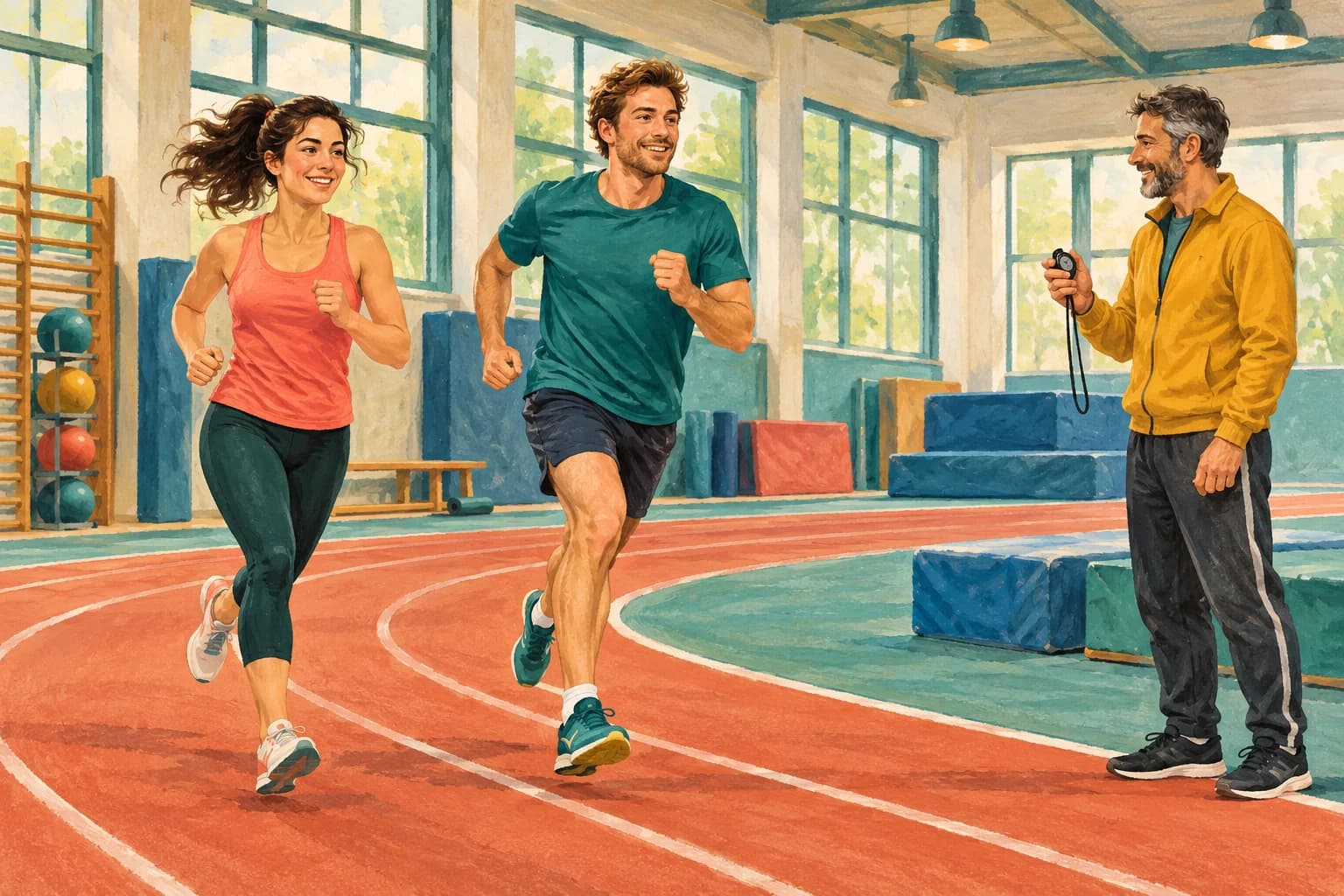 Gouache illustration of two adults running on an indoor track while a coach holds a stopwatch, with gym mats beside the track.