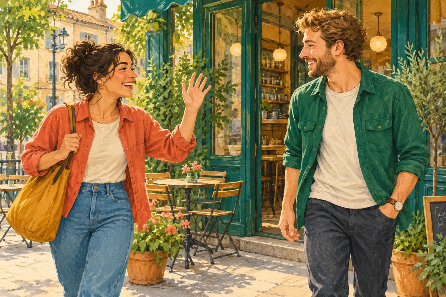 Two adult friends greet each other outside a cafe, smiling and waving.