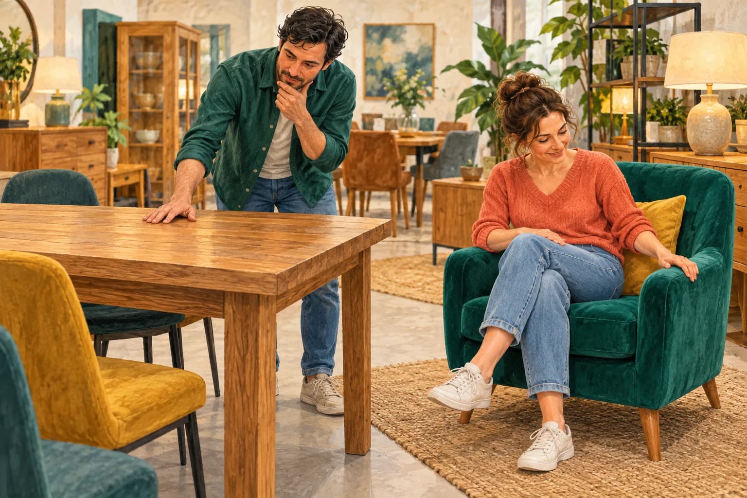 Two flatmates browse a furniture shop with a wooden table, a small sofa, lamps and colourful cushions.
