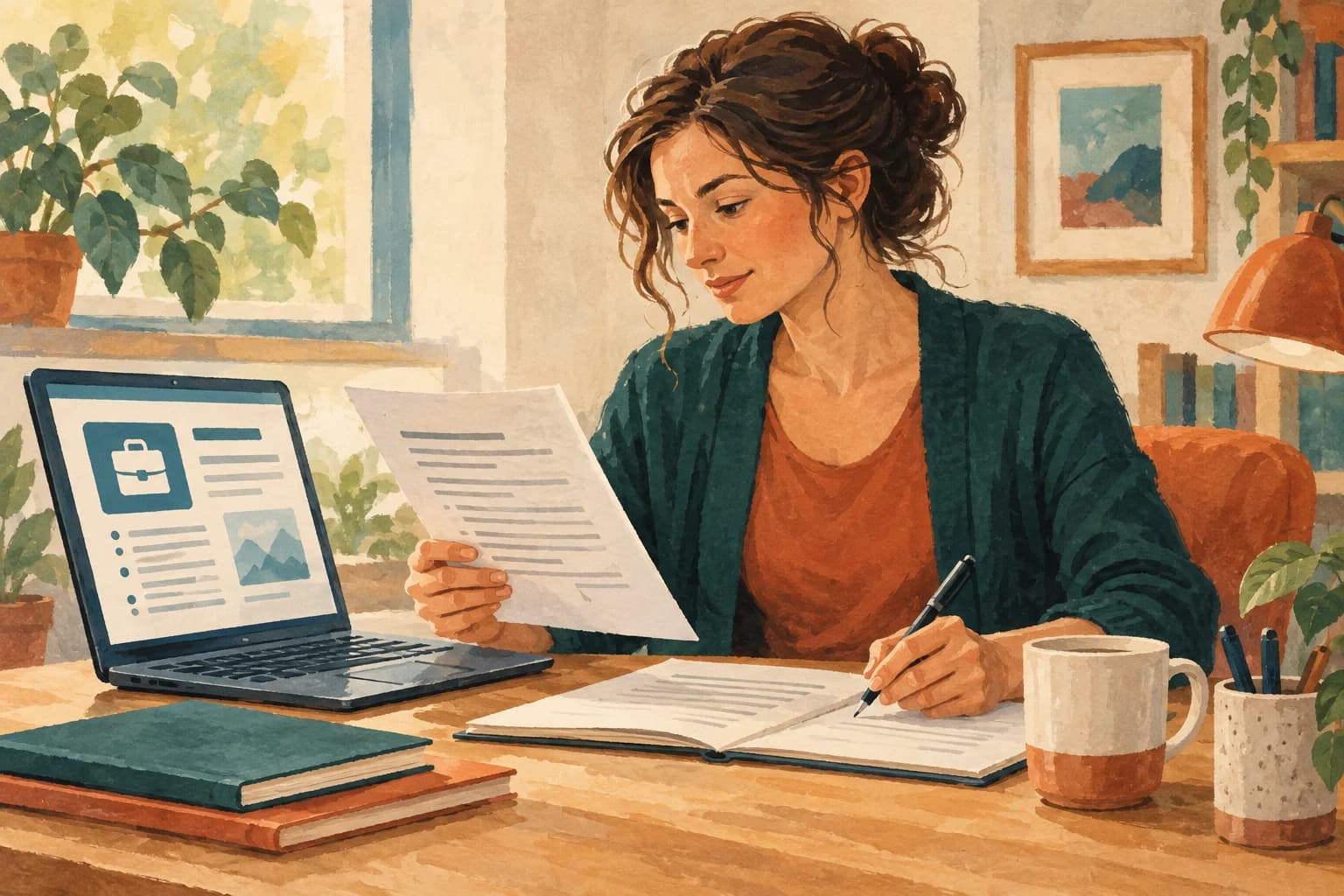An adult reviews a job advertisement and drafts an application at a desk.