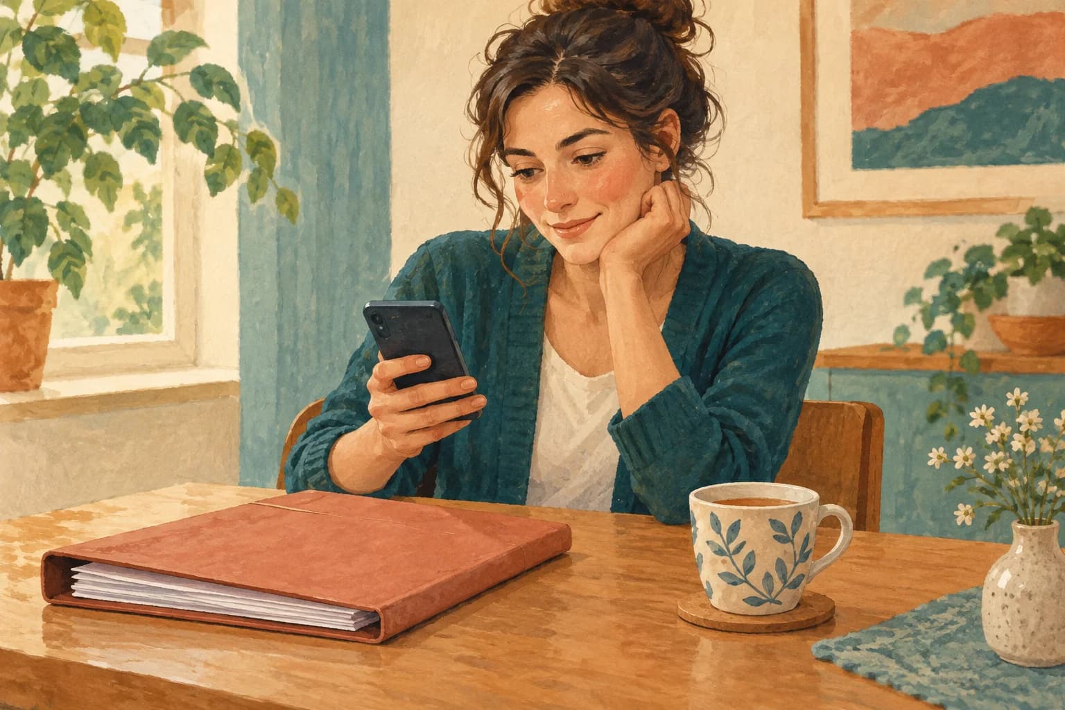 A job applicant checks a phone beside an application folder and a cup of tea.