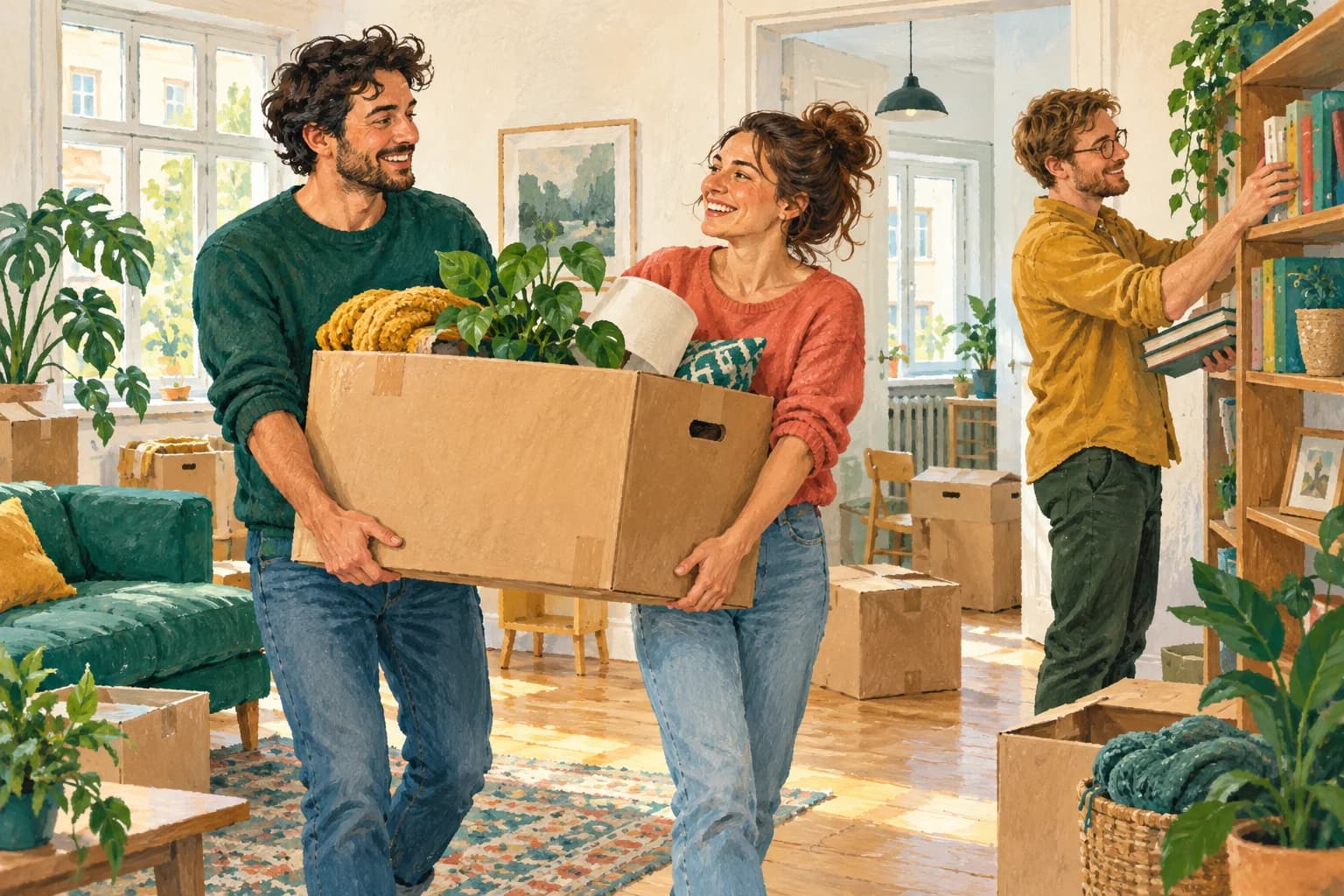 Two people unpack moving boxes in a bright flat, placing books on a shelf beside a table and a chair.