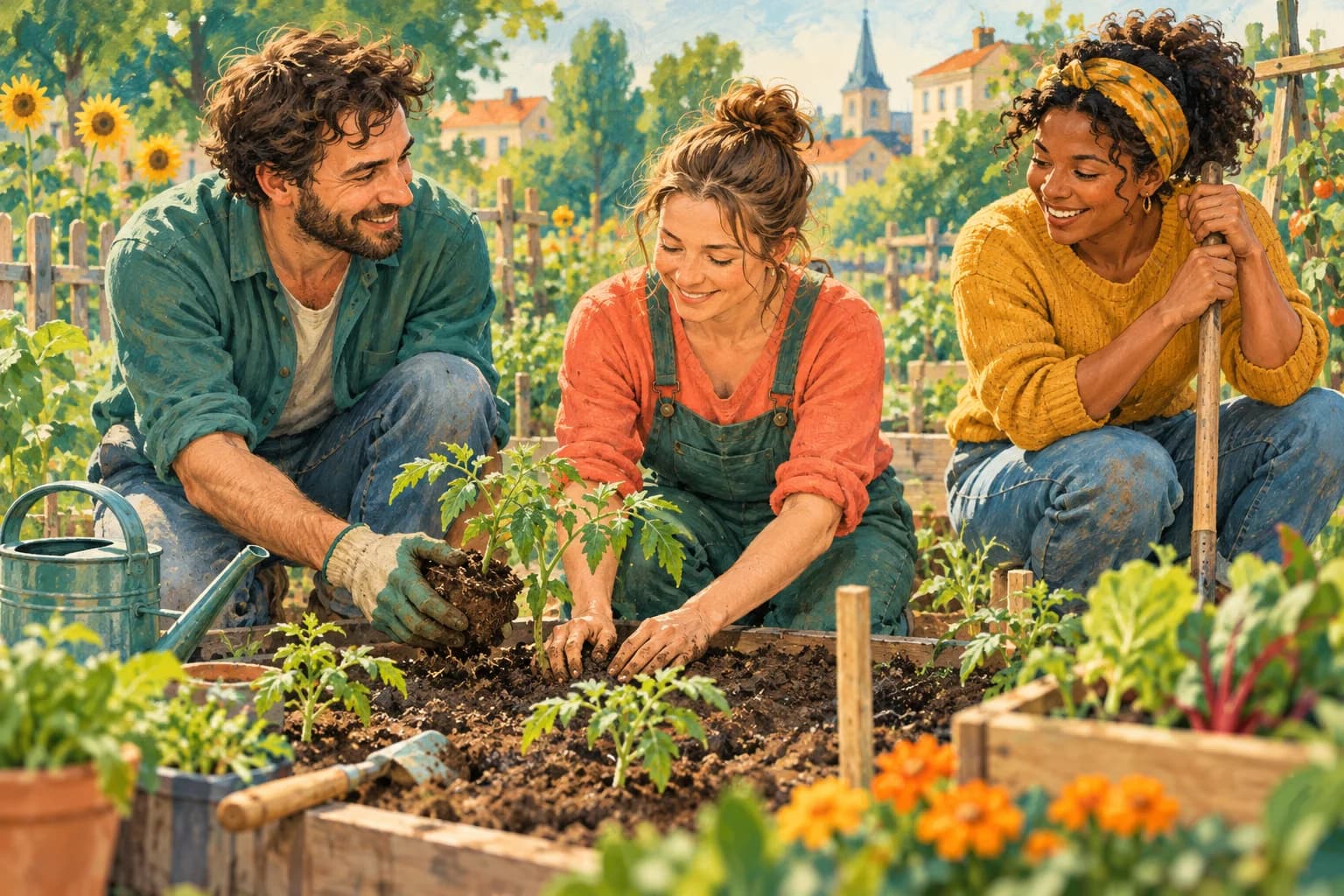 Three adult friends cooperate on a small community garden, planting and tending vegetables.