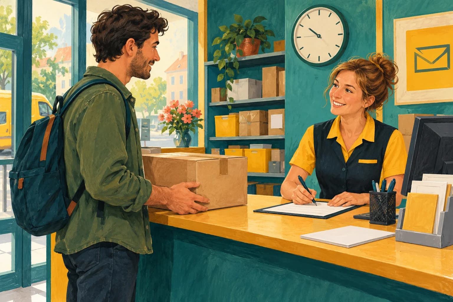 Gouache illustration of an adult holding a parcel at a post office counter, with a clerk, blank forms and a wall clock.